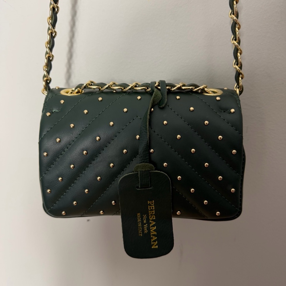Persaman New York Made in Italy dark Green Quilted Studded Chain Bag Purse - Picture 5 of 10